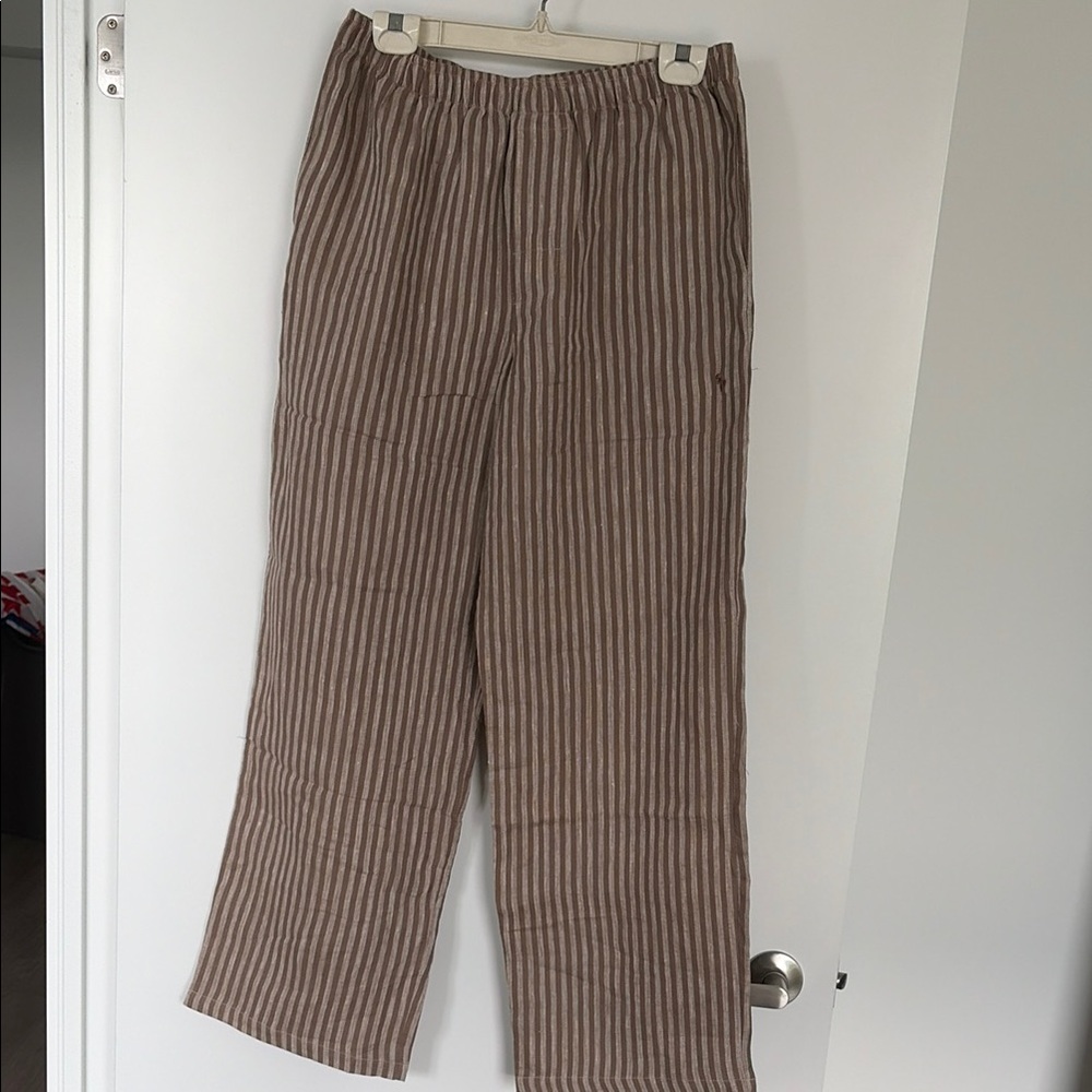 Striped Wide-Leg Linen Blend Pants - Taupe Stripe